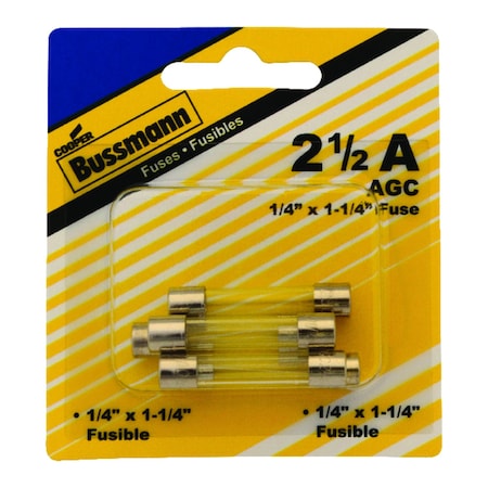 Eaton Bussmann Glass Fuse, AGC Series, Fast-Acting, 2.50A, 250V AC, Non-Indicating, 5 PK BP/AGC-2-1/2-RP